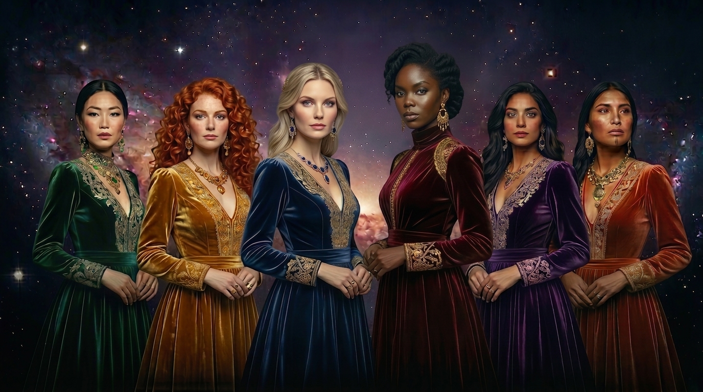 Six women in jewel-toned velvet gowns — emerald, amber, sapphire, wine, amethyst and copper — standing together before a cosmic sky: the silent council behind every reading